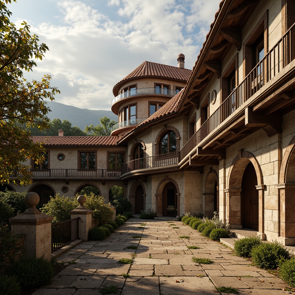 Prompt: Rustic roof tiles, curved arches, ornate stonework, grand entranceways, robust columns, intricate carvings, earthy tones, weathered stone surfaces, moss-covered rooftops, verdant greenery, ancient-inspired design, medieval ambiance, warm golden lighting, shallow depth of field, 1/1 composition, realistic textures, ambient occlusion.