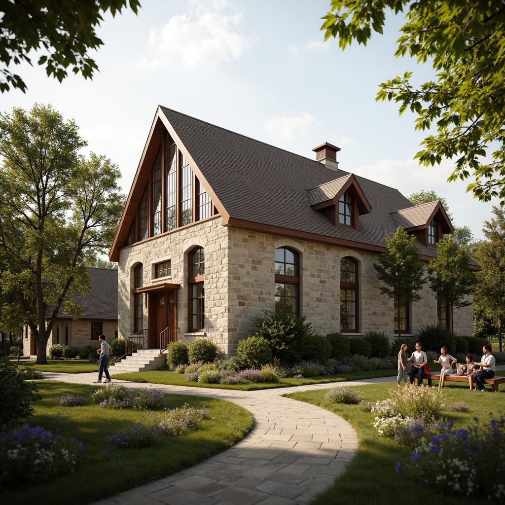 Prompt: Rustic suburban church, earthy tone facade, natural stone cladding, wooden accents, stained glass windows, arched doorways, steeply pitched roofs, traditional architectural style, serene landscape, lush greenery, blooming flowers, tranquil atmosphere, soft warm lighting, shallow depth of field, 3/4 composition, panoramic view, realistic textures, ambient occlusion.