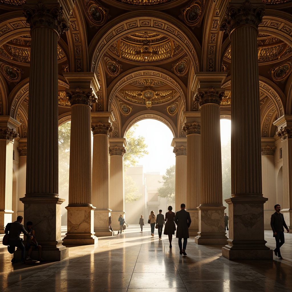 Prompt: Intricate archways, ornate columns, golden mosaics, vaulted ceilings, grand entrance halls, marble flooring, ornamental capitals, richly textured stone walls, dramatic natural light, warm ambient glow, shallow depth of field, 2/3 composition, symmetrical framing, realistic architectural details, subtle atmospheric fog.