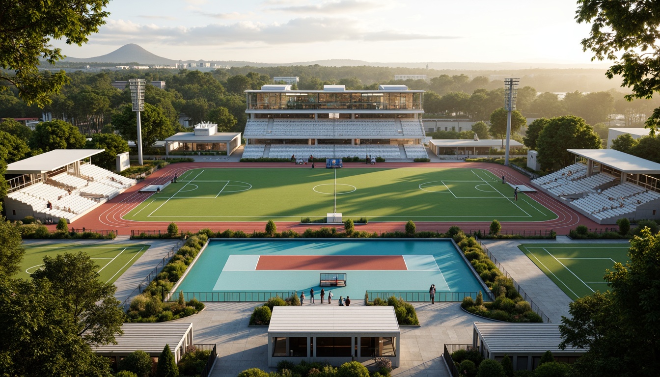 Prompt: Vibrant sports complex, fusion of modern architecture, open spaces, lush greenery, athletic tracks, soccer fields, basketball courts, tennis courts, swimming pools, grandstands, spectator seating, scoreboards, floodlights, natural stone walkways, glass facades, cantilevered roofs, minimalist design, functional layout, abundant daylight, soft warm lighting, shallow depth of field, 3/4 composition, panoramic view, realistic textures, ambient occlusion.