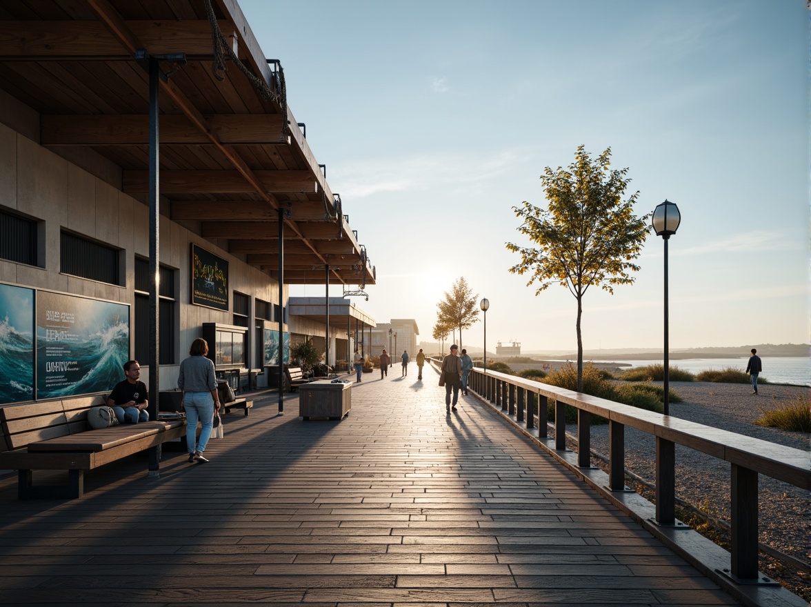 Prompt: Weathered wooden planks, rustic metal rails, nautical rope details, ocean-inspired color palette, wave-like rooflines, seaside promenade, salty sea air, misty morning light, soft warm glow, shallow depth of field, 1/1 composition, panoramic view, realistic textures, ambient occlusion, modern coastal architecture, large glass windows, steel frames, functional design, accessibility features, waiting area benches, ticketing counters, departure boards, luggage racks, ocean-themed murals.