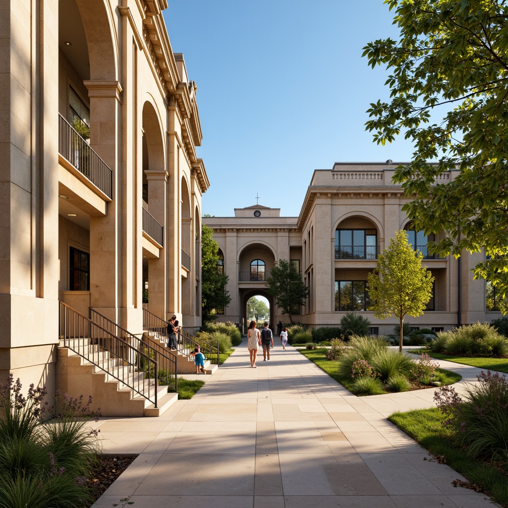 Prompt: Timeless university campus, classical columns, ornate facades, warm beige stone walls, soft creamy marble floors, rich walnut wood accents, vintage bronze hardware, elegant archways, grand staircases, lush green lawns, vibrant flower beds, mature trees, clear blue skies, warm sunny days, soft natural lighting, shallow depth of field, 3/4 composition, symmetrical framing, realistic textures, ambient occlusion.