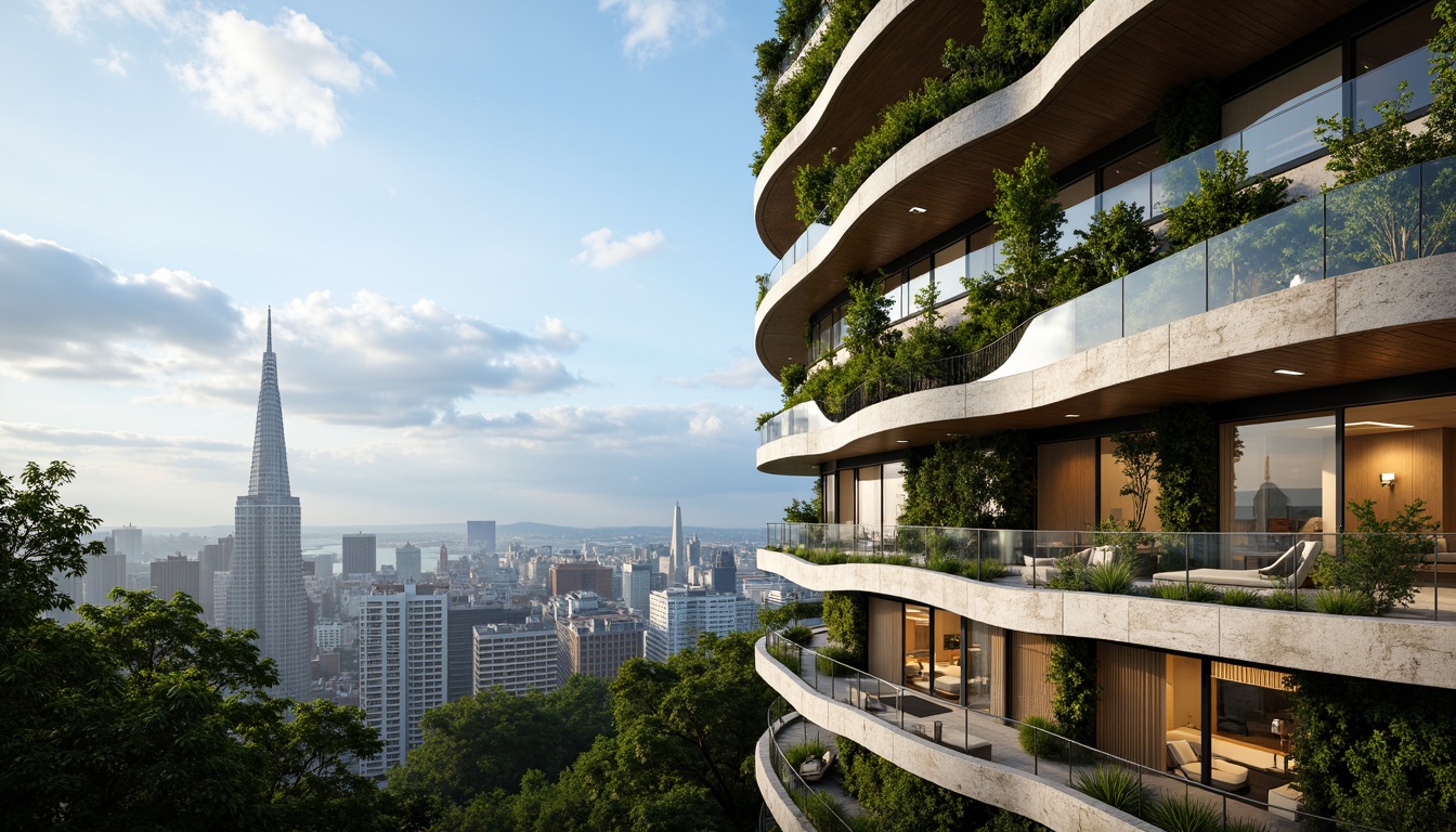 Prompt: Curved skyscraper facade, organic forms, fluid lines, green walls, living plants, natural stone cladding, wood accents, cantilevered floors, wrap-around balconies, floor-to-ceiling windows, panoramic views, modern minimalist interior, soft warm lighting, shallow depth of field, 1/1 composition, atmospheric perspective, detailed textures, ambient occlusion, bustling cityscape, urban jungle, blue sky with white clouds.