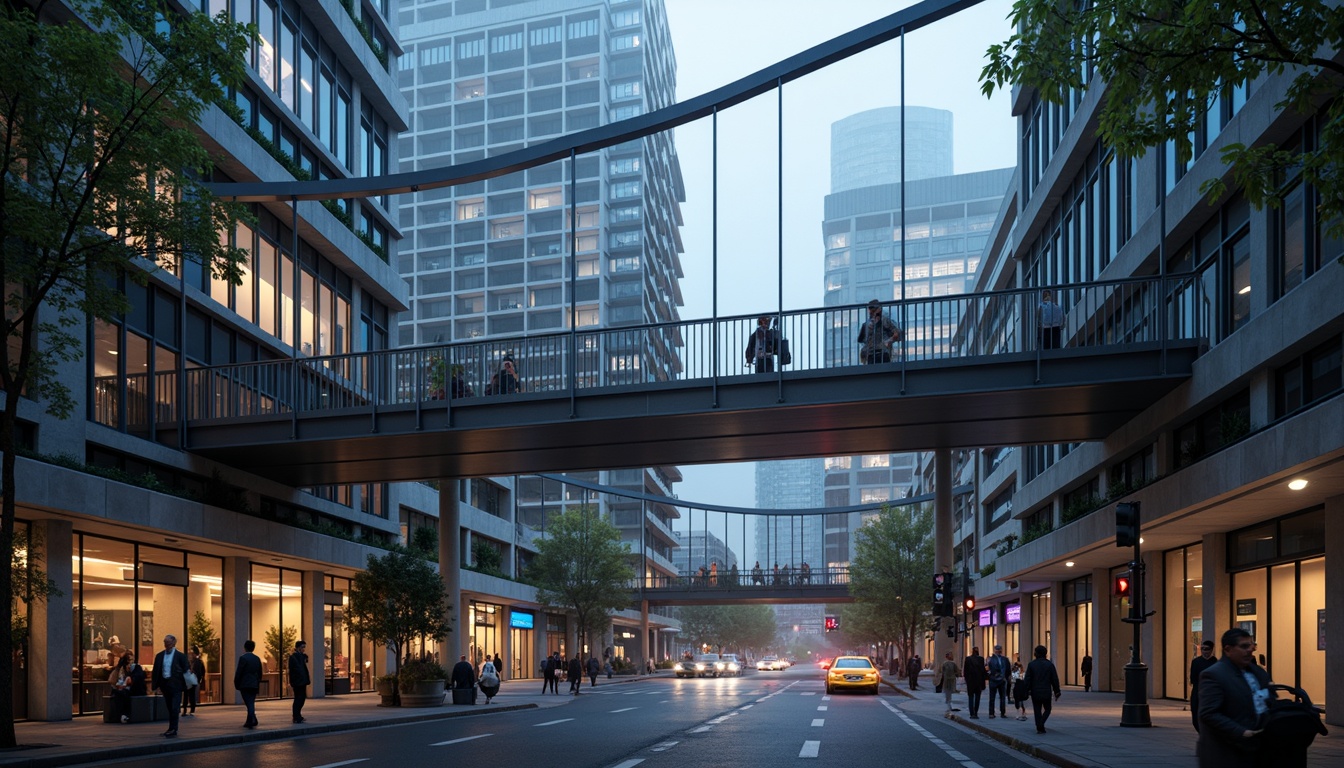 Prompt: Modern pedestrian bridge, sleek metal arches, suspended walkways, cable-stayed systems, futuristic architecture, urban cityscape, bustling streets, vibrant streetlights, dynamic lighting effects, misty evening atmosphere, shallow depth of field, 3/4 composition, realistic textures, ambient occlusion.