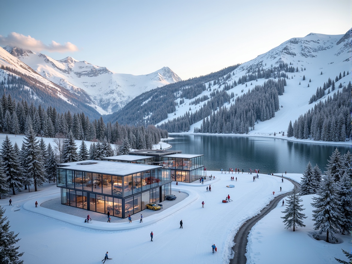 Prompt: Snow-capped mountains, frozen lakes, pine tree forests, modern ski center architecture, large glass windows, transparent roofs, minimalist design, sleek metal frames, open-air platforms, snow-covered slopes, ski lifts, chairlifts, gondolas, ski trails, snowy terrain, frosty mornings, warm lighting, shallow depth of field, 3/4 composition, panoramic view, realistic textures, ambient occlusion.