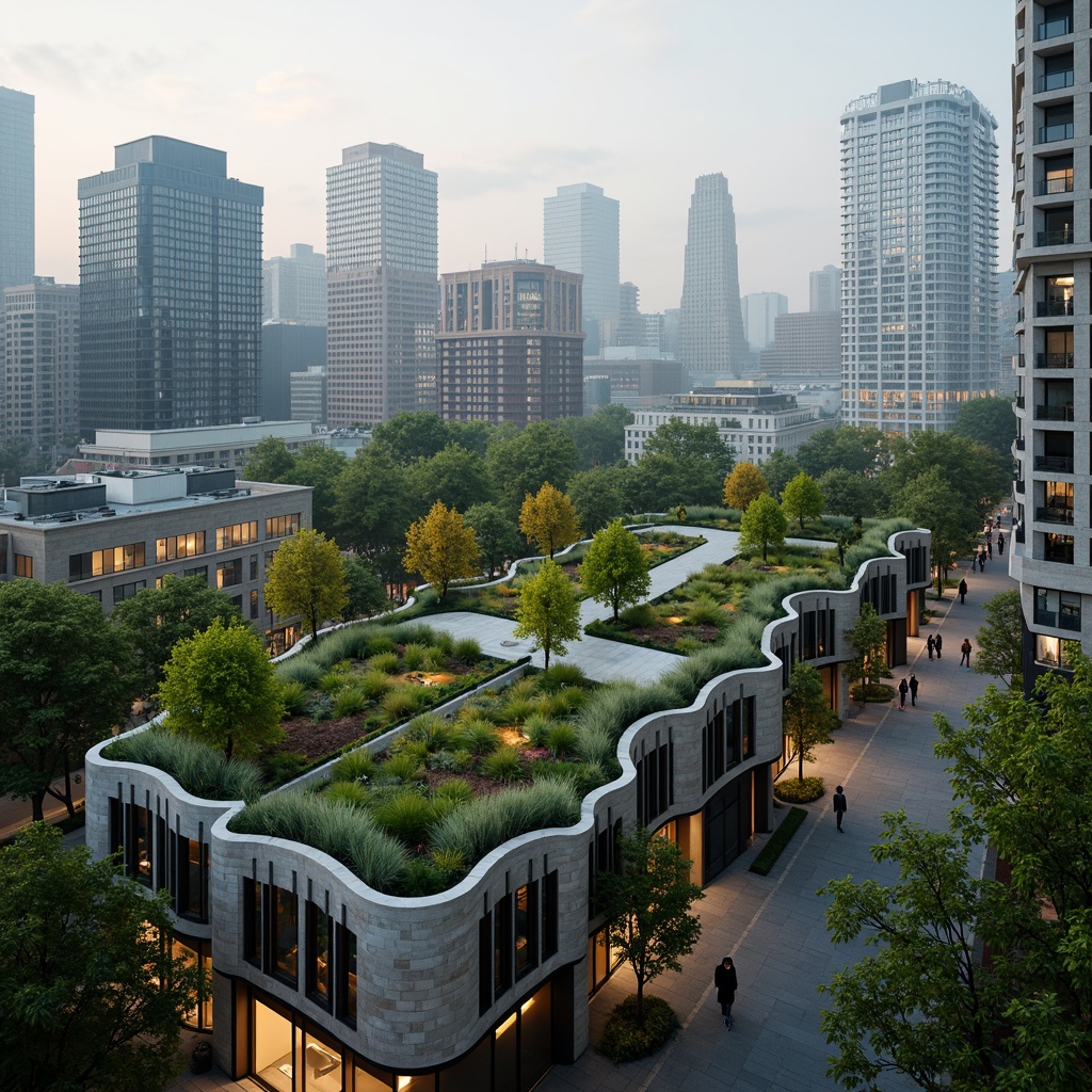 Prompt: Lush green roofs, thriving vegetation, curved organic lines, natural stone facades, futuristic skyscrapers, modern cityscape, busy streets, vibrant streetlights, misty morning atmosphere, soft warm lighting, shallow depth of field, 1/2 composition, panoramic view, realistic textures, ambient occlusion, rooftop gardens, trellises, water features, walking paths, seating areas, urban forestry, sustainable design, eco-friendly materials, innovative irrigation systems.