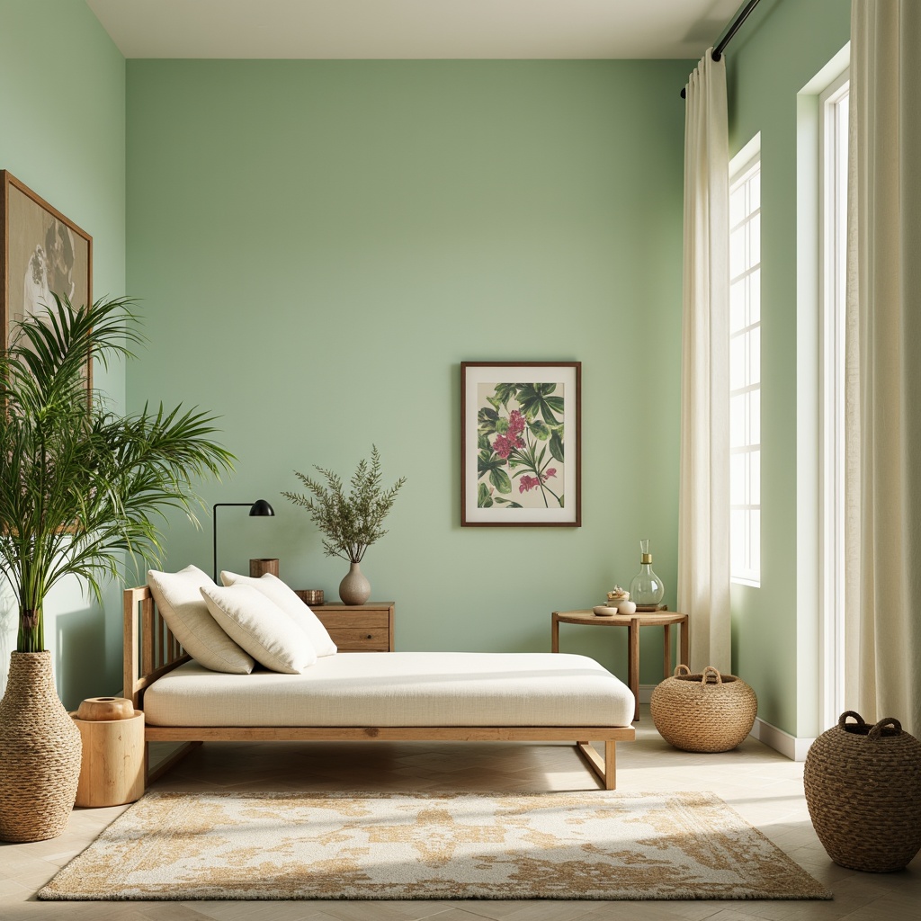 Prompt: Soft mint walls, pale lime accents, creamy white furniture, natural wood textures, woven wicker patterns, lush greenery, botanical prints, earthy terracotta pots, delicate glass vases, warm beige floors, airy open spaces, gentle morning light, shallow depth of field, 1/1 composition, realistic renderings, ambient occlusion.