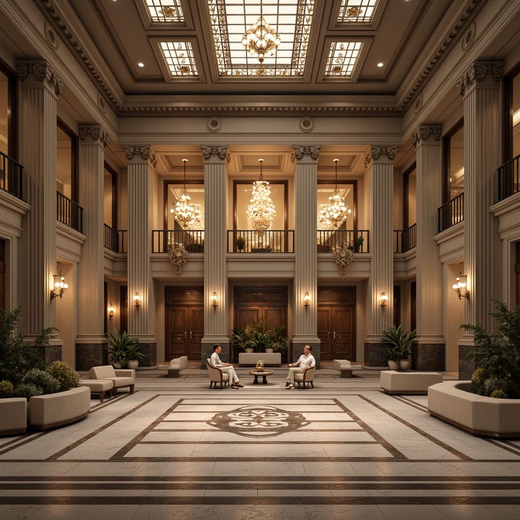 Prompt: Grandiose bank building, neoclassical style, symmetrical facade, Ionic columns, ornate details, marble flooring, high ceilings, chandeliers, lavish decorations, imposing entrance, granite walls, bronze doors, classical proportions, harmonious balance, central axis, bilateral symmetry, radial symmetry, geometric patterns, ornamental motifs, subtle lighting, soft shadows, 1/1 composition, realistic textures, ambient occlusion.