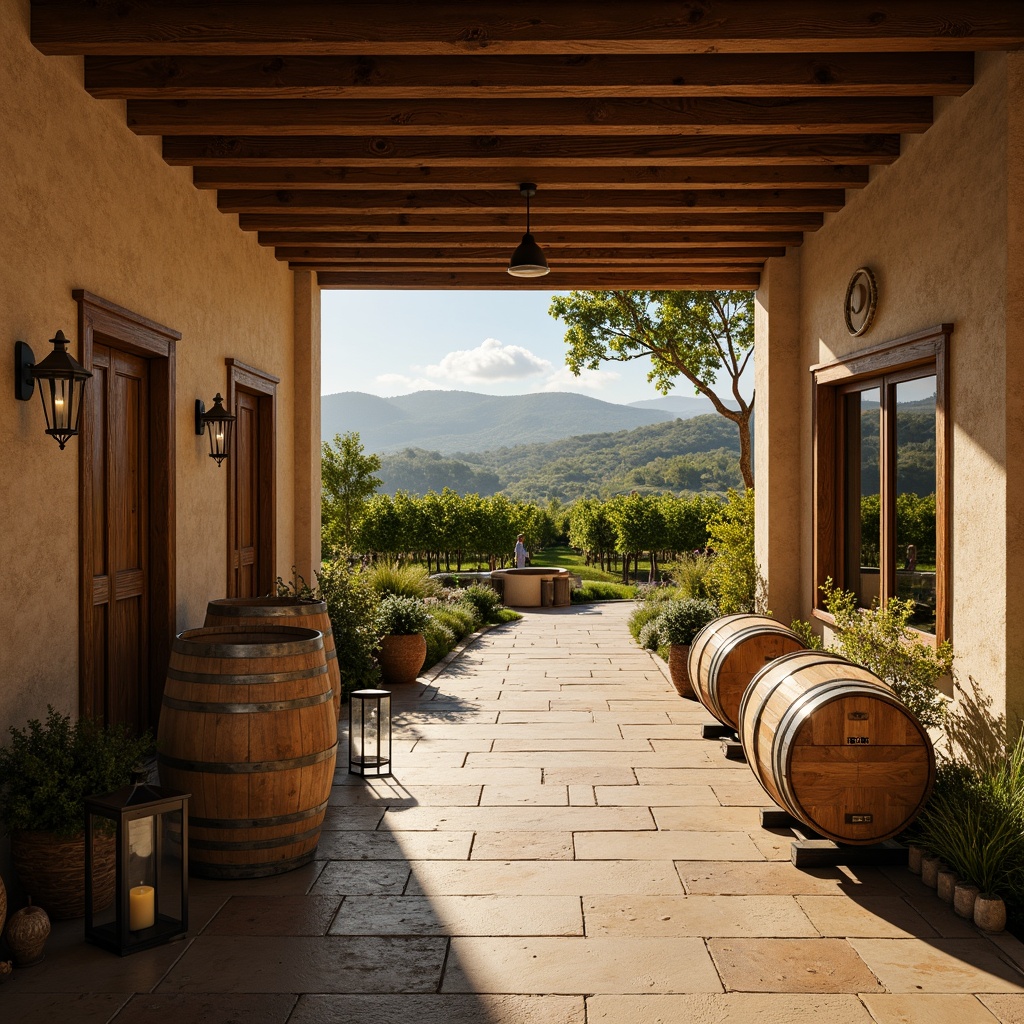 Prompt: Rustic winery, earthy tones, warm beige walls, rich wood accents, vintage barrels, soft golden lighting, lush green vineyards, rolling hills, sunny afternoon, natural stone pathways, elegant wine cellars, dimly lit tasting rooms, ornate wooden doors, classic metal lanterns, distressed textures, 1/2 composition, warm color grading, realistic reflections.