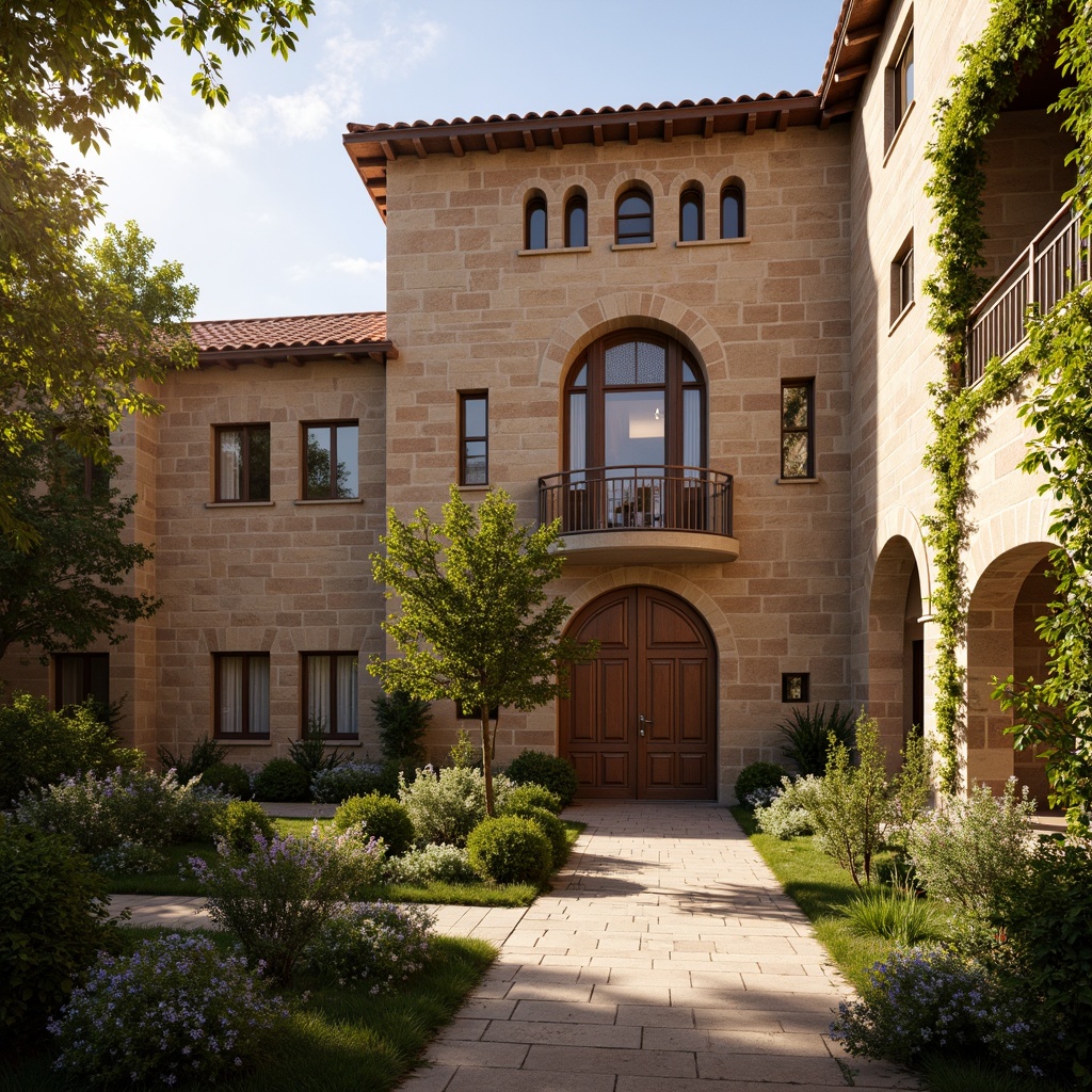 Prompt: Rustic stone walls, earthy tones, warm beige, terracotta roofs, ornate archways, grandiose columns, intricate carvings, rich wood accents, stained glass windows, majestic entranceways, vibrant greenery, lush ivy, blooming flowers, soft sunlight, warm golden lighting, shallow depth of field, 1/1 composition, realistic textures, ambient occlusion.