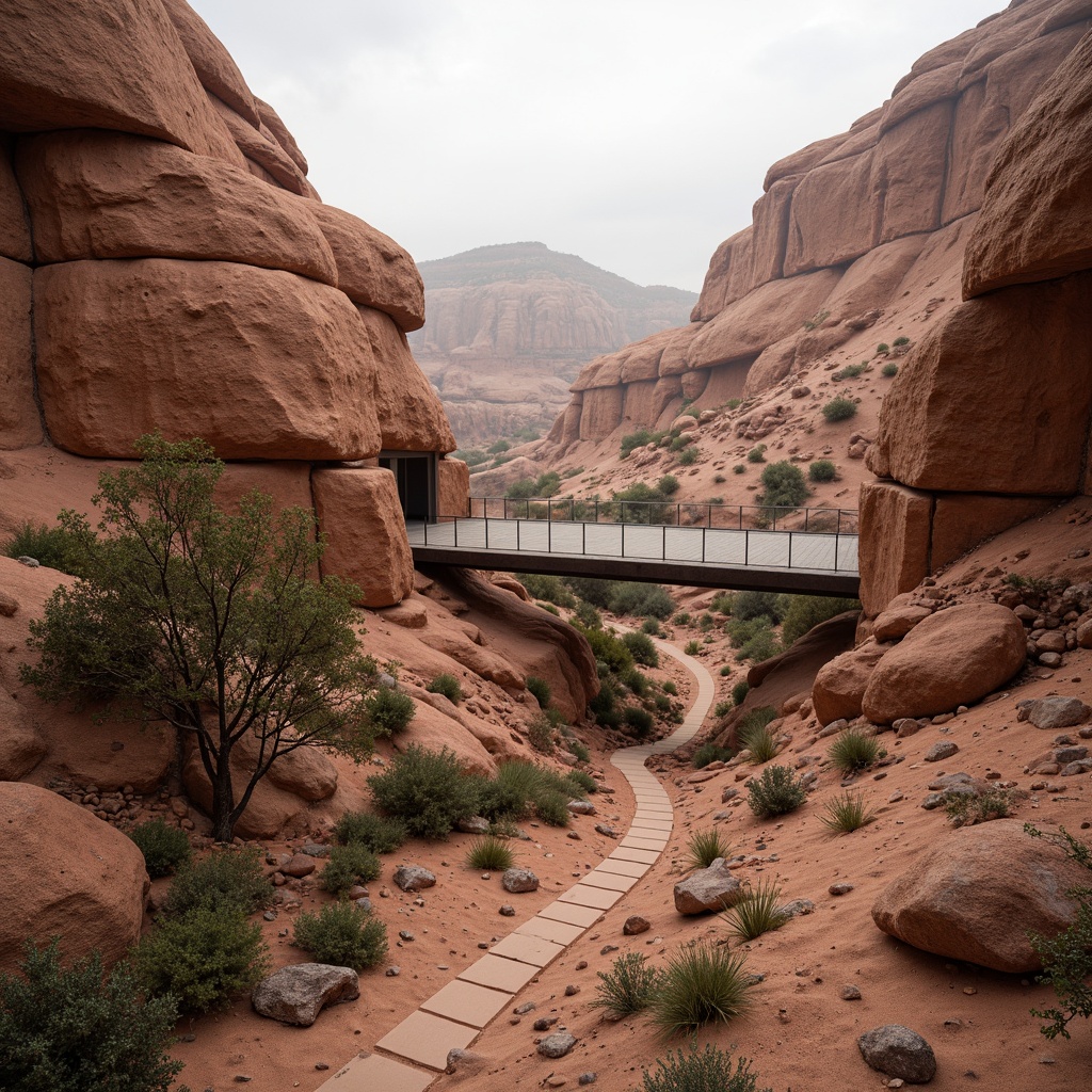 Prompt: Rugged canyon landscape, rust-colored rock formations, sandy dunes, sparse vegetation, winding hiking trails, natural stone pathways, weathered wooden bridges, modern minimalist architecture, steel beams, glass railings, cantilevered overhangs, earthy color palette, organic textures, ambient lighting, misty atmosphere, shallow depth of field, 3/4 composition, panoramic view, realistic rock details, subtle shadows.