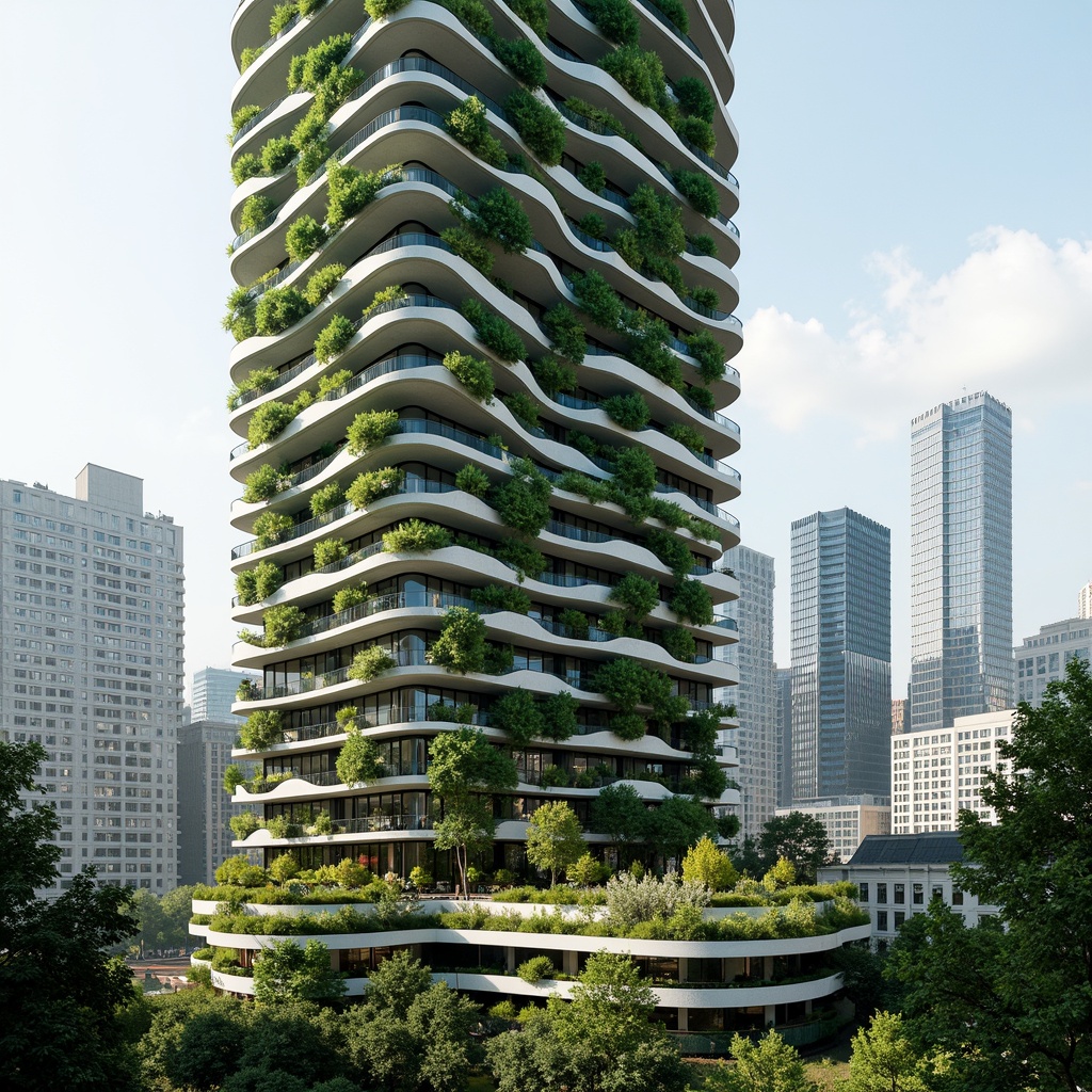 Prompt: Eco-friendly skyscraper, organic curves, lush green walls, solar panels, wind turbines, rainwater harvesting systems, recycled materials, natural ventilation, energy-efficient systems, minimal waste design, living roofs, urban farming, vertical gardens, serene atmosphere, soft diffused lighting, shallow depth of field, 1/1 composition, panoramic view, realistic textures, ambient occlusion.