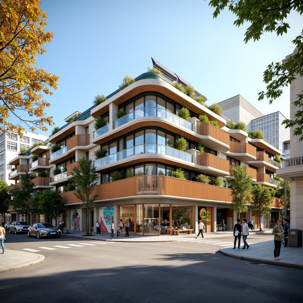 Prompt: Vibrant community library, social housing complex, modern facade design, large windows, natural light, wooden accents, green roofs, solar panels, vertical gardens, colorful murals, urban streetscape, bustling city life, warm sunny day, soft diffused lighting, shallow depth of field, 1/1 composition, realistic textures, ambient occlusion.