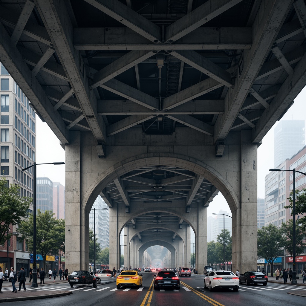 Prompt: Sturdy vehicular bridge, robust steel beams, durable concrete piers, reinforced cables, intricate arches, suspension systems, modern urban infrastructure, busy city traffic, dynamic lighting effects, misty morning atmosphere, shallow depth of field, 1/1 composition, symmetrical view, realistic metallic textures, ambient occlusion.