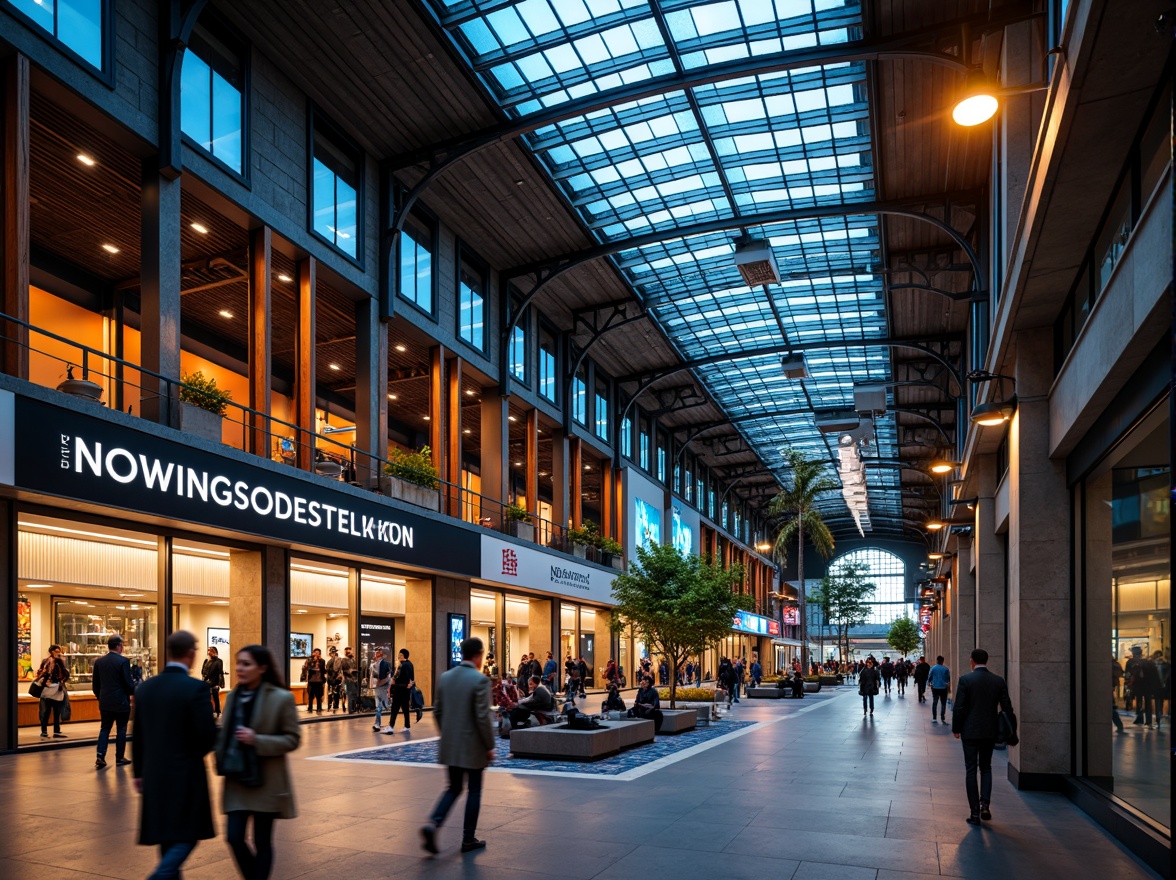 Prompt: Vibrant train station, modern architecture, steel beams, glass ceilings, industrial chic decor, urban cityscape, busy crowds, dynamic LED lights, bold typography, sleek signage, warm wooden accents, cool blue tones, energetic orange hues, sophisticated grey undertones, natural stone flooring, urban jungle surroundings, morning rush hour, soft warm lighting, shallow depth of field, 1/2 composition, realistic textures, ambient occlusion.