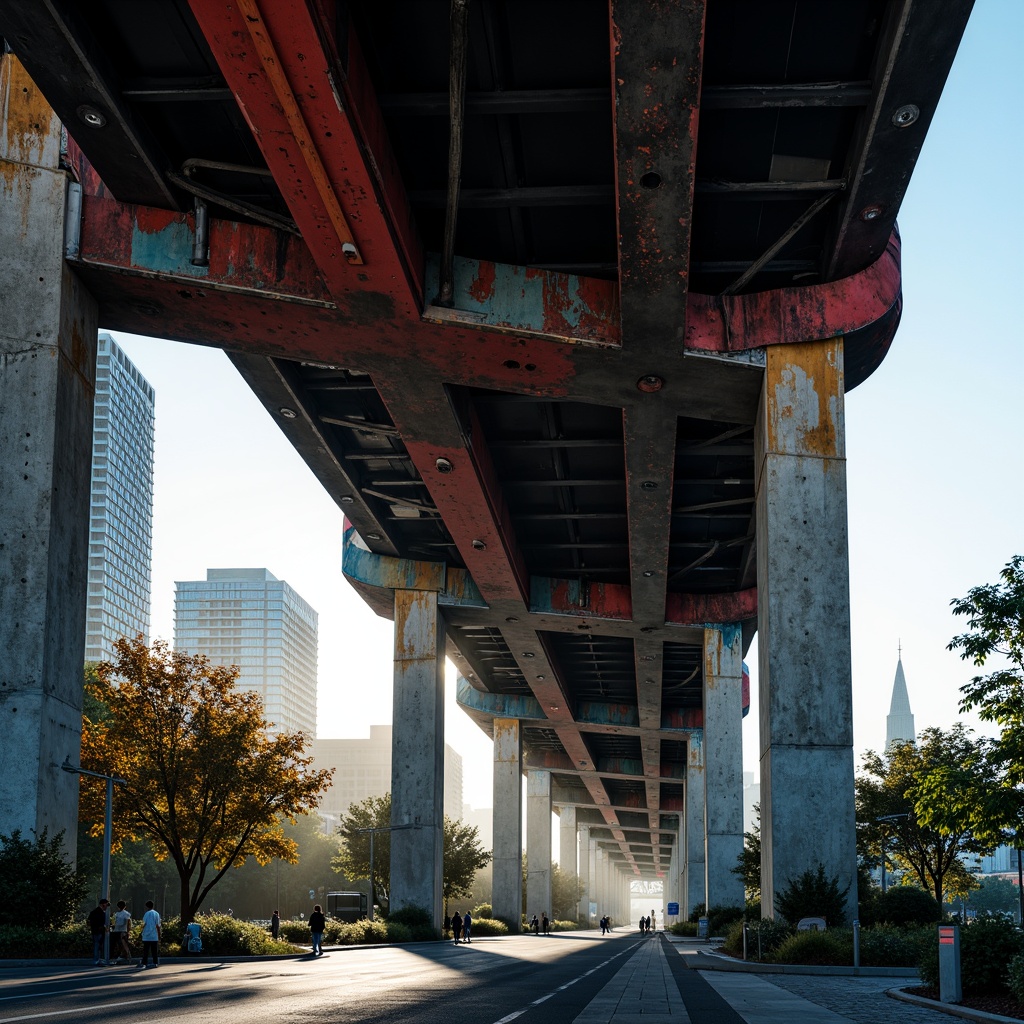 Prompt: Industrial bridges, angular steel structures, bold rivets, rusty metal textures, distressed concrete pillars, geometric shapes, avant-garde architectural design, primary color palette, vibrant red accents, deep blue undertones, yellow highlights, monochromatic gradients, high-contrast lighting, dramatic shadows, cinematic atmosphere, low-angle shots, 1-point perspective, futuristic urban landscape, cityscape background, misty morning fog, soft warm glow, realistic reflections, ambient occlusion.