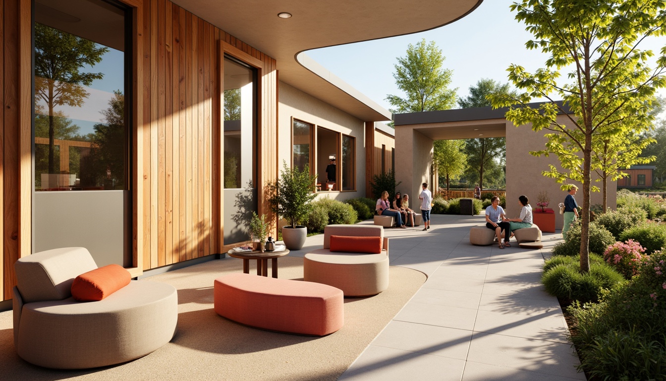 Prompt: Vibrant community center, warm beige walls, rich wood accents, cozy seating areas, natural light pouring in, playful splashes of bright coral, soothing mint green, earthy terracotta, inviting outdoor spaces, lush greenery, blooming flowers, sunny day, soft warm lighting, shallow depth of field, 3/4 composition, realistic textures, ambient occlusion.