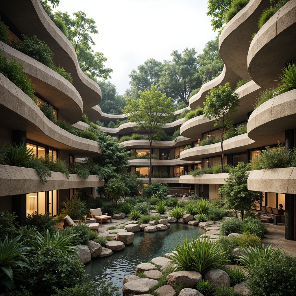 Prompt: Seamless landscape integration, harmonious architecture, natural stone fa\u00e7ades, curved lines, organic shapes, lush green roofs, living walls, verdant balconies, native plant species, meandering paths, serene water features, reflection pools, eco-friendly materials, sustainable design, minimized carbon footprint, maximized natural light, airy atriums, cantilevered structures, panoramic views, symmetrical compositions, soft diffused lighting, warm earthy tones, rustic textures.