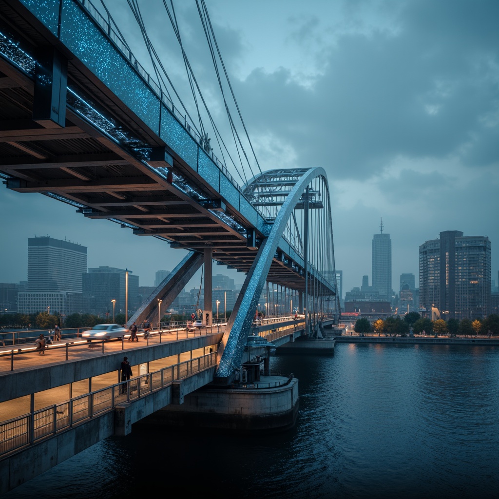 Prompt: Futuristic bridge architecture, sleek metal beams, shimmering LED lights, curved suspension cables, modern urban landscape, city skyline, misty atmosphere, dramatic shadows, low-key lighting, shallow depth of field, 1/1 composition, symmetrical reflections, rippling water effects, concrete piers, stainless steel railings, dynamic motion blur, high-contrast colors, neon-lit accents, atmospheric fog, mysterious ambiance.