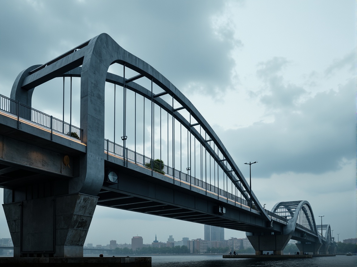 Prompt: Futuristic bridge design, sleek metal arches, suspension cables, angular piers, minimalist railings, LED lighting strips, gleaming steel beams, cantilevered sections, aerodynamic shapes, high-strength concrete foundations, water-resistant coatings, dynamic motion blur, low-angle shot, 1/2 composition, dramatic cloudy sky, misty atmosphere, soft focus effect.