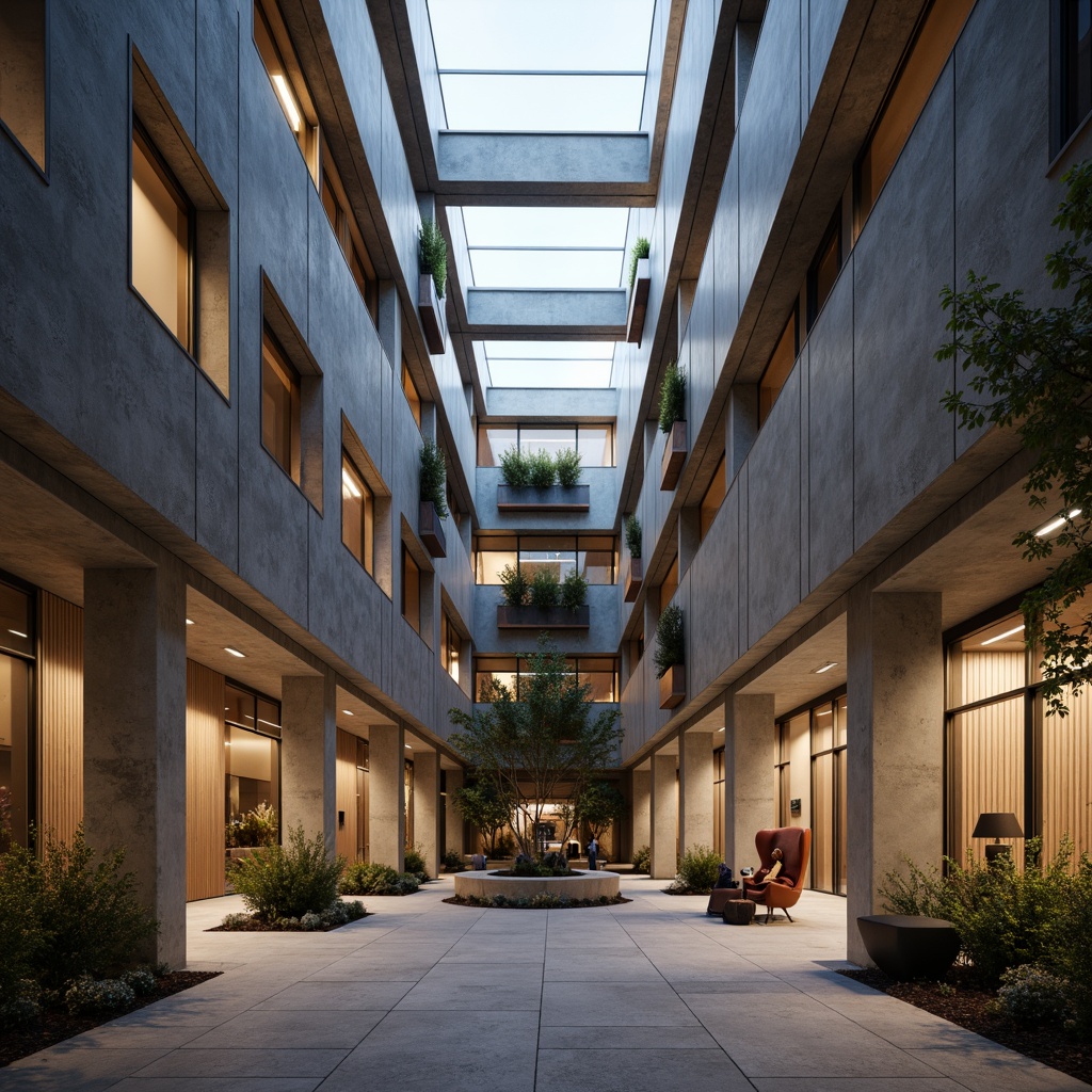 Prompt: Industrial-style courtyard, brutalist architecture, concrete buildings, functional lighting, exposed ductwork, minimalist decor, industrial metal fixtures, angular lines, rectangular shapes, neutral color palette, natural stone flooring, steel beams, reclaimed wood accents, dramatic high ceilings, clerestory windows, diffused softbox lighting, warm ambient glow, subtle shadows, 1/1 composition, symmetrical framing, low-key lighting, realistic textures, subtle ambient occlusion.