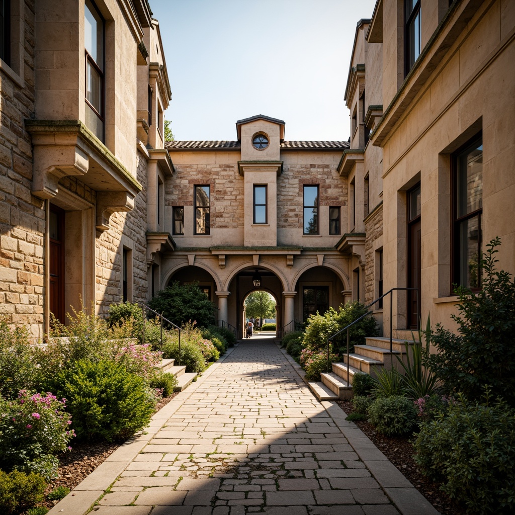 Prompt: Rustic campus courtyard, aged stone walls, ornate archways, classical columns, intricately carved facades, weathered brick buildings, lush greenery, vibrant flowers, natural stone walkways, pebble pathways, symmetrical layout, balanced composition, warm golden lighting, soft focus, 1/2 composition, detailed textures, ambient occlusion.