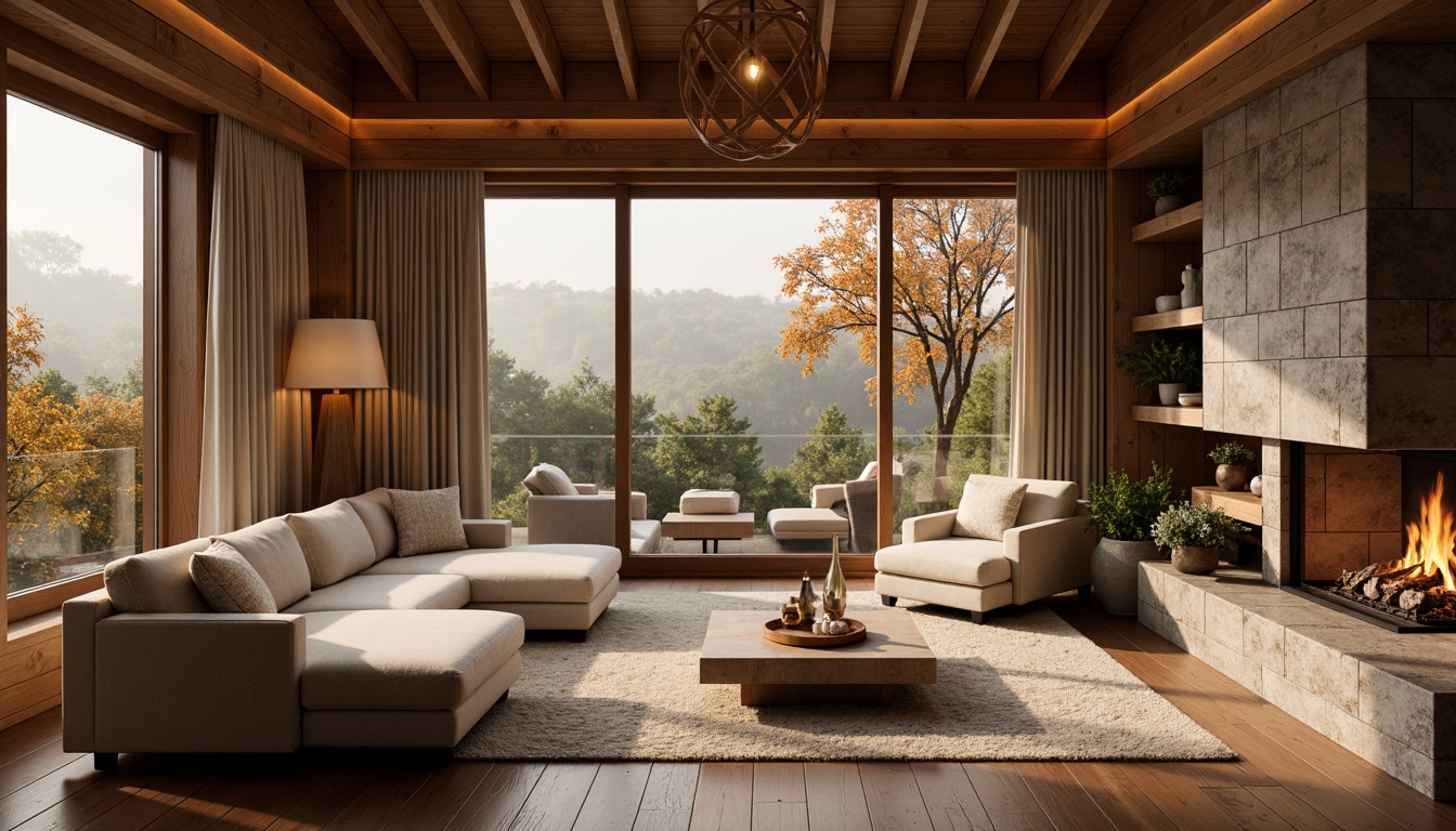 Prompt: Cozy cabin, wooden accents, earthy tones, warm beige, rich brown, soft gold, creamy white, rustic textures, natural stone walls, inviting fireplace, plush furnishings, comfortable seating, warm lighting, soft shadows, autumnal atmosphere, misty morning, gentle warmth, 1/2 composition, shallow depth of field, realistic rendering.