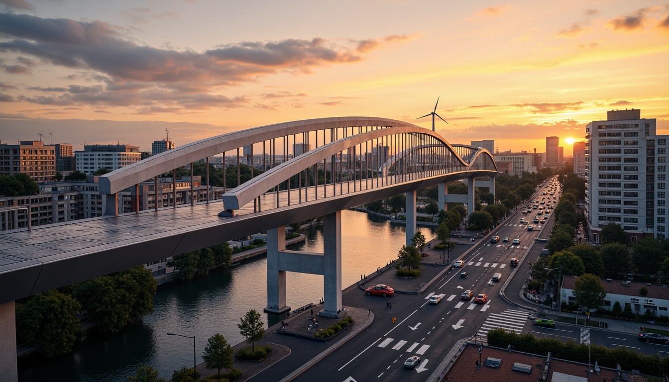 Prompt: Futuristic high-tech bridge, sleek metal arches, LED lighting systems, solar panels, wind turbines, green roofs, eco-friendly materials, sustainable energy solutions, minimalist design, modern urban landscape, city skyline, busy streets, rush hour traffic, dramatic sunset, warm golden lighting, shallow depth of field, 3/4 composition, realistic textures, ambient occlusion.