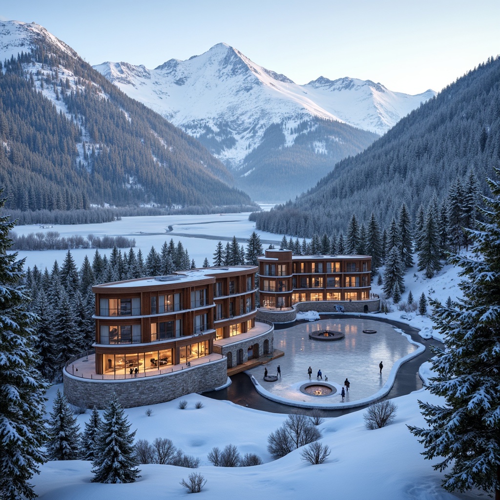 Prompt: Snow-capped mountains, lush forest slopes, serene frozen lakes, ski resort architecture, modern wooden buildings, rustic stone foundations, grand entrance halls, cozy fireplaces, panoramic views, misty morning light, warm golden lighting, 1/1 composition, symmetrical framing, realistic snow textures, ambient occlusion, integrated ski lifts, mountainous terrain, winding trails, snowy pines, frozen waterfalls, winter sports equipment, vibrant colorful signage.