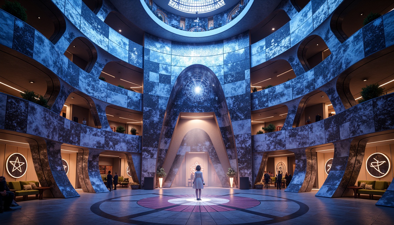 Prompt: Futuristic planetarium, iridescent facade patterns, swirling cosmic shapes, neon-lit astrological symbols, glowing nebulae-inspired windows, undulating metallic curves, kinetic architecture, biomimetic structures, atmospheric entrances, misty fog effects, soft pulsing lighting, 1/1 composition, shallow depth of field, cinematic views, futuristic materials, holographic projections, immersive experiences.