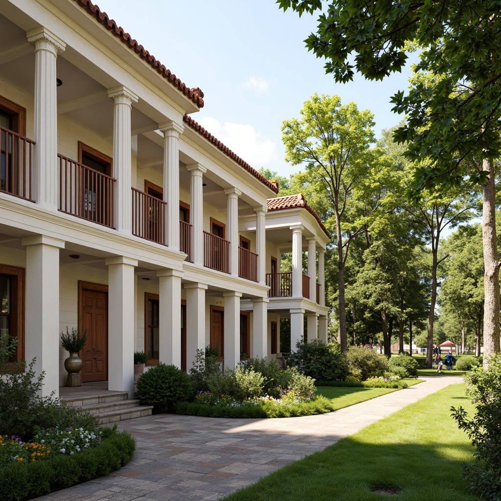 Prompt: Ivory white columns, warm beige stone walls, soft gray roofing tiles, lush green lawns, vibrant blooming flowers, rusty red brick accents, rich wood tones, elegant cream-colored facades, subtle earthy brown pathways, ornate golden details, classic serif typography, sunny afternoon lighting, shallow depth of field, 2/3 composition, symmetrical framing, realistic textures, ambient occlusion.