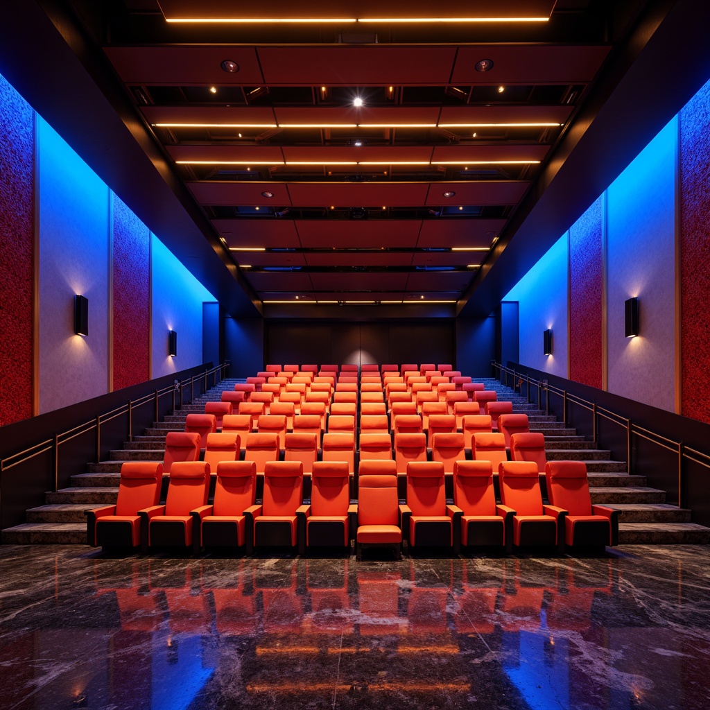 Prompt: Vibrant auditorium interior, bold color scheme, contrasting seating upholstery, rich wood accents, dynamic lighting design, warm golden spotlights, cool blue ambient lights, gradient ceiling treatment, textured walls, geometric patterns, modern furniture pieces, sleek metal railings, polished marble floors, immersive audiovisual experience, 3/4 composition, low-angle shot, dramatic shadows, realistic reflections.