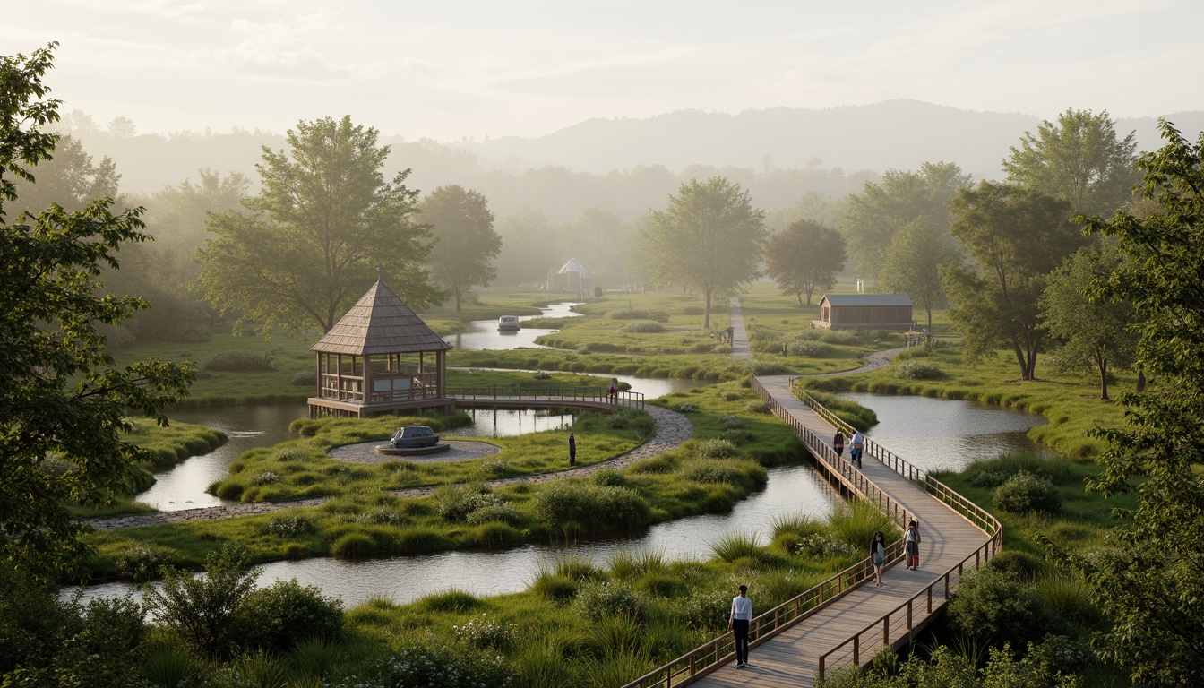 Prompt: Majestic wetland landscape, serene water features, lush green vegetation, winding streams, tranquil ponds, wooden boardwalks, observation decks, native wildlife habitats, birdwatching stations, ecological restoration areas, natural stone pathways, meandering trails, misty morning atmosphere, soft warm lighting, shallow depth of field, 1/2 composition, realistic textures, ambient occlusion.