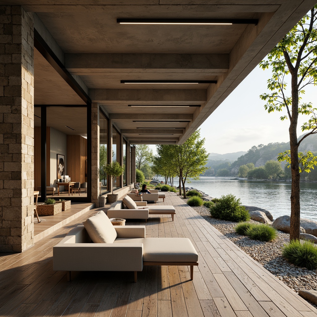 Prompt: Riverbank architecture, minimalist design, natural stone walls, wooden accents, reclaimed wood flooring, industrial metal beams, exposed concrete ceilings, floor-to-ceiling glass windows, sliding doors, panoramic views, tranquil river scenery, lush greenery, river rocks, sandy shores, soft warm lighting, shallow depth of field, 3/4 composition, realistic textures, ambient occlusion.