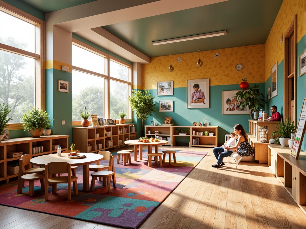 Prompt: Vibrant kindergarten classroom, eclectic mix of furniture, colorful rug, play-based learning zones, whimsical decorative elements, wooden tables, tiny chairs, book nooks, sensory stimulation areas, interactive display shelves, collaborative workspaces, cozy reading corners, textured wall panels, natural light pouring in, soft warm ambiance, shallow depth of field, 1/2 composition, playful typography, stylized illustrations, realistic textures.