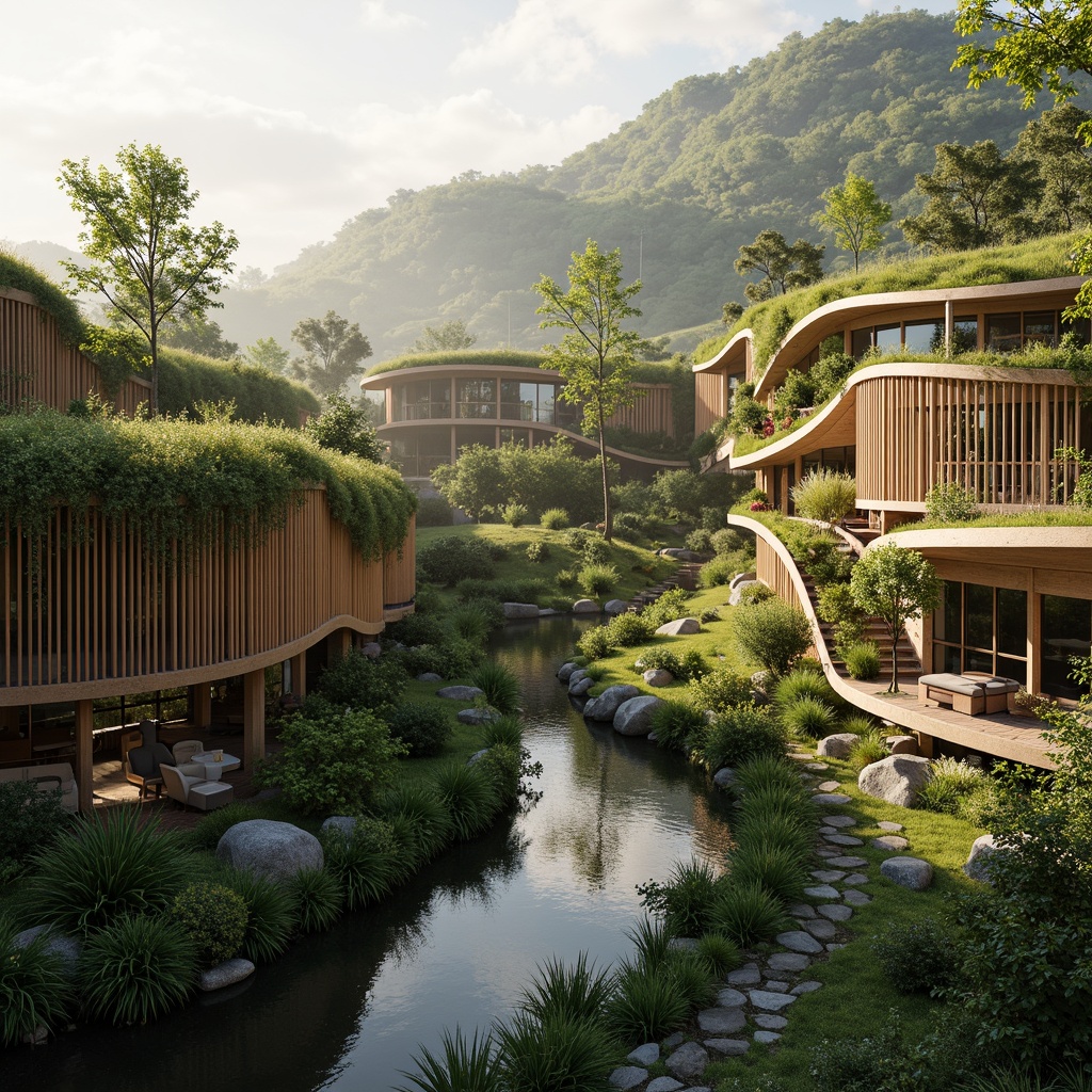 Prompt: Sweeping curves, organic forms, eco-friendly buildings, living roofs, green walls, natural stone foundations, wooden accents, large windows, panoramic views, seamless transitions, blurred boundaries, lush vegetation, native plants, meandering pathways, serene water features, misty atmosphere, warm golden lighting, soft focus, 1/1 composition, atmospheric perspective, realistic textures, ambient occlusion.