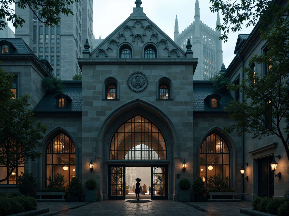 Prompt: Mysterious zoo entrance, intricate stone carvings, pointed arches, ribbed vaults, flying buttresses, grandiose facade, imposing towers, stained glass windows, ornate metalwork, mystical atmosphere, overcast sky, soft misty lighting, dramatic shadows, 1/2 composition, low-angle shot, cinematic mood, detailed textures, ambient occlusion.