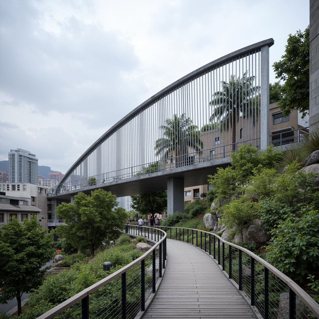 Prompt: Eco-friendly pedestrian bridge, curved steel structure, recycled metal materials, LED lighting system, energy-harvesting technology, solar panels, green roofs, lush vegetation, natural stone walkways, wooden railings, minimalist design, angular lines, modern architecture, urban landscape, city skyline, cloudy day, soft diffused light, shallow depth of field, 3/4 composition, panoramic view, realistic textures, ambient occlusion.