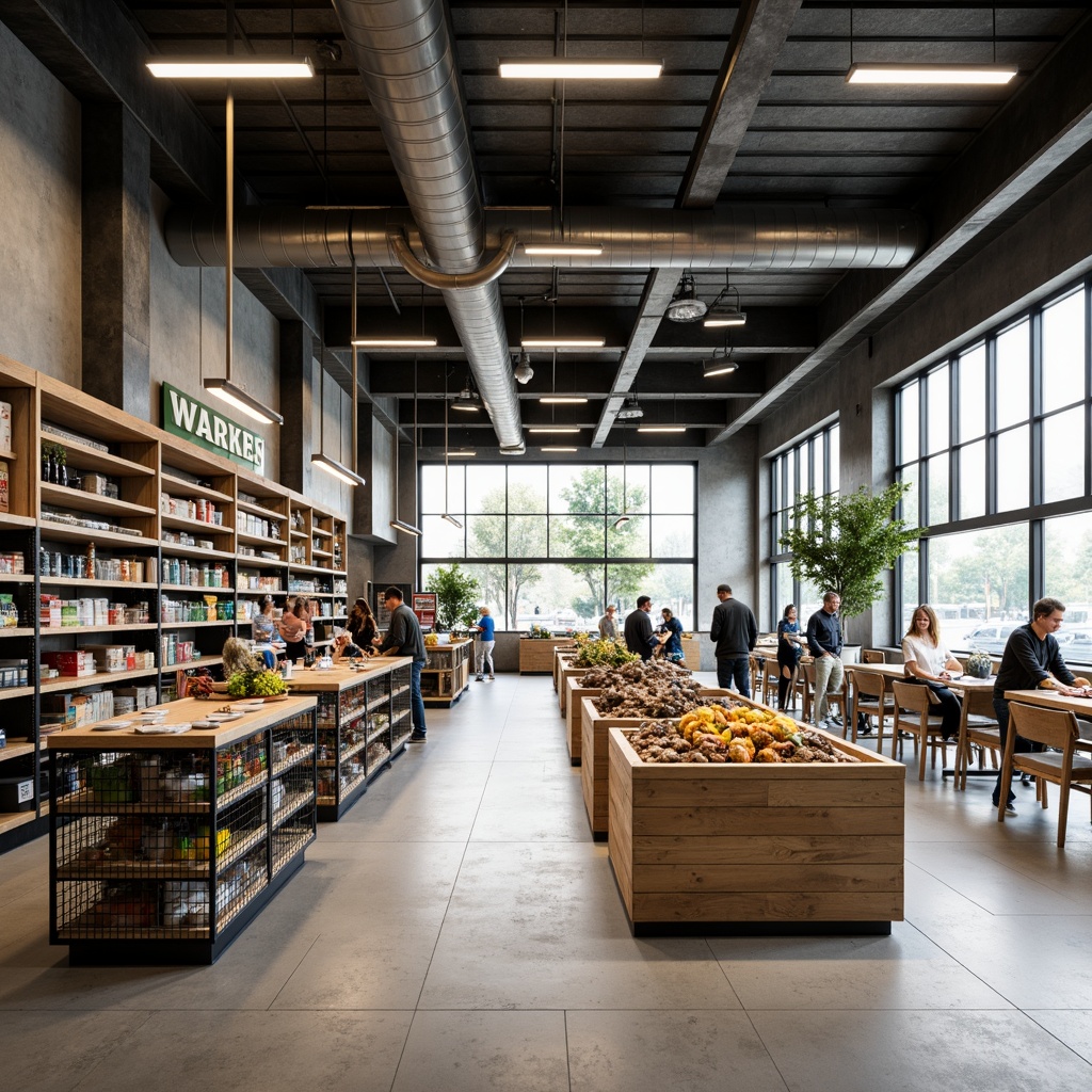 Prompt: Industrial chic grocery store, exposed ductwork, polished concrete floors, minimalist shelving units, metal grid displays, geometric product arrangements, bold typography signage, functional lighting fixtures, raw wooden accents, neutral color palette, open-plan layout, elevated ceiling, natural light pouring in, airy atmosphere, shallow depth of field, 2/3 composition, straight-on shot, realistic textures, ambient occlusion.