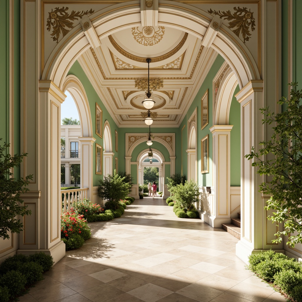 Prompt: Majestic classic center, soft light green walls, creamy white columns, ornate gold details, intricate stucco ceilings, warm beige floors, subtle fresco patterns, elegant archways, refined proportions, serene atmosphere, natural stone accents, lush greenery surroundings, vibrant blooming flowers, sunny day, soft warm lighting, shallow depth of field, 3/4 composition, realistic textures, ambient occlusion.