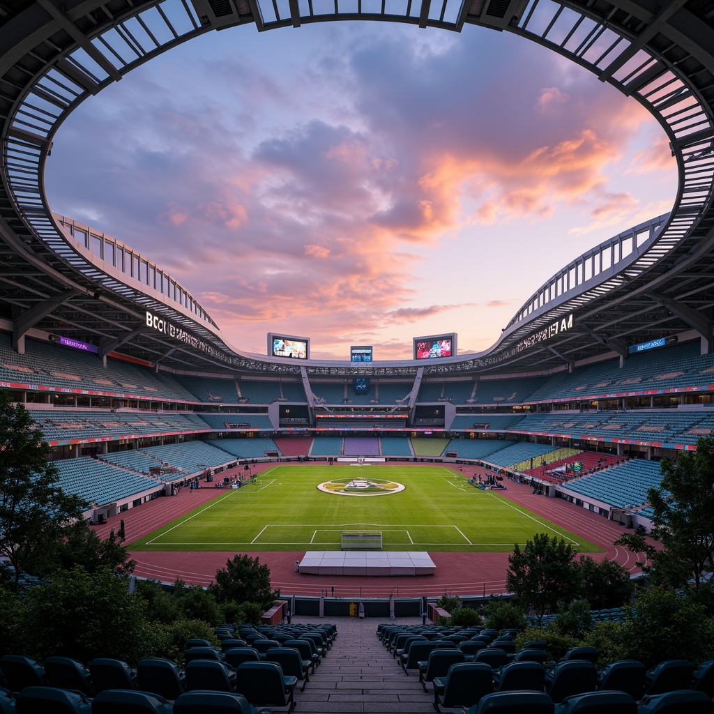 Prompt: Sleek football stadium, dynamic LED lighting, futuristic architecture, curved lines, asymmetrical shapes, translucent roofs, cantilevered structures, metallic materials, bold color schemes, vibrant team logos, massive video screens, panoramic views, atmospheric misting systems, tiered seating, lush greenery, urban landscape, dramatic sunsets, high-contrast lighting, 1/2 composition, cinematic rendering, detailed textures, ambient occlusion.