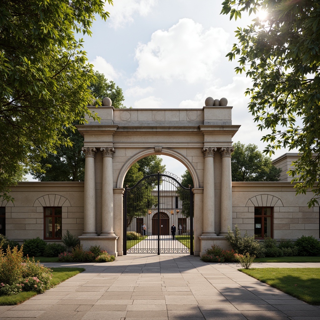 Prompt: Majestic campus gates, ornate ironwork details, grand stone columns, symmetrical facades, manicured lawns, vibrant flower beds, walking paths, mature trees, classical architectural elements, rusticated base, ionic capitals, carved wooden doors, bronze hardware, warm natural lighting, soft focus, shallow depth of field, 2/3 composition, slightly overcast sky.