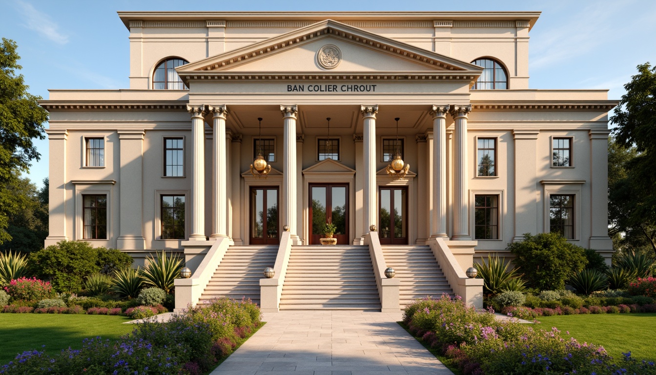 Prompt: Grand neoclassical bank building, symmetrical fa\u00e7ade, Ionic columns, ornate details, rusticated base, grand entrance, sweeping staircases, marble floors, high ceilings, chandeliers, intricate moldings, formal gardens, manicured lawns, vibrant flower arrangements, sunny day, soft warm lighting, shallow depth of field, 1/1 composition, central axis symmetry, realistic textures, ambient occlusion.