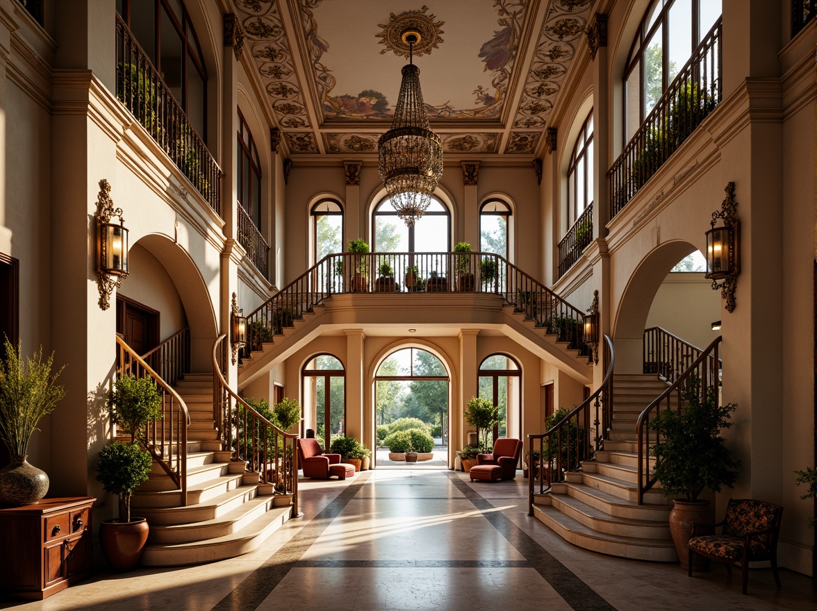 Prompt: Ornate villa facade, intricate stone carvings, grand entrance gates, sweeping staircases, ornamental balconies, lavish chandeliers, luxurious furnishings, rich velvet fabrics, golden accents, marble flooring, frescoed ceilings, symmetrical composition, dramatic lighting effects, warm afternoon sun, soft focus blur, 1/2 camera angle, classical music ambiance, subtle depth of field.