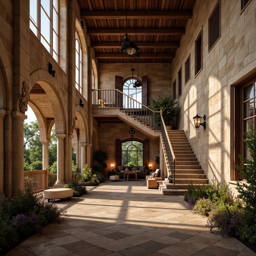 Prompt: Romanesque house, rustic stone walls, arched windows, ornate columns, carved capitals, classical pediments, earthy color palette, natural stone flooring, wooden beam ceilings, grand entrance halls, sweeping staircases, rich tapestries, warm fireplaces, soft golden lighting, shallow depth of field, 1/1 composition, symmetrical architecture, historic ambiance.