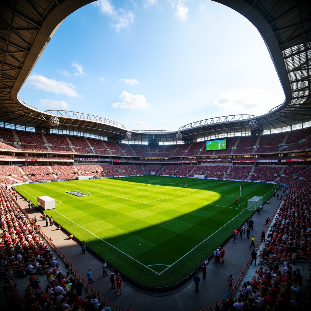 Prompt: Soccer stadium, curved grandstand seating, lush green grass, goalposts, scoreboard displays, floodlighting systems, athletic track, modern architecture, angular lines, cantilevered roofs, steel structures, vibrant team colors, dynamic crowd atmosphere, sunny day, soft warm lighting, shallow depth of field, 3/4 composition, panoramic view, realistic textures, ambient occlusion.