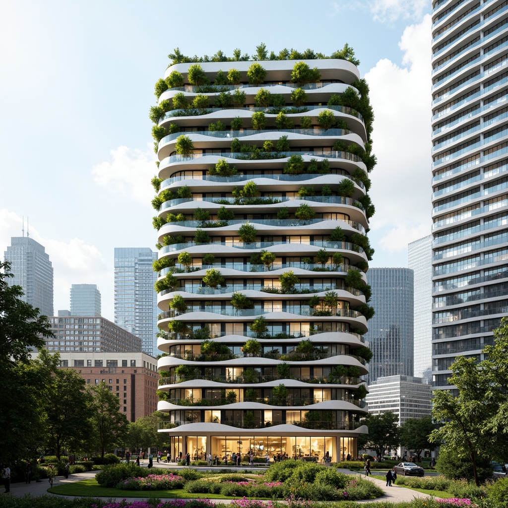 Prompt: Eco-friendly skyscraper, lush green walls, living roofs, solar panels, wind turbines, rainwater harvesting systems, organic curves, natural stone fa\u00e7ade, reclaimed wood accents, energy-efficient glazing, double-glazed windows, green roofs, urban gardens, vibrant blooming flowers, airy open spaces, minimalist interior design, eco-conscious materials, innovative ventilation systems, soft diffused lighting, shallow depth of field, 1/1 composition, realistic textures, ambient occlusion.