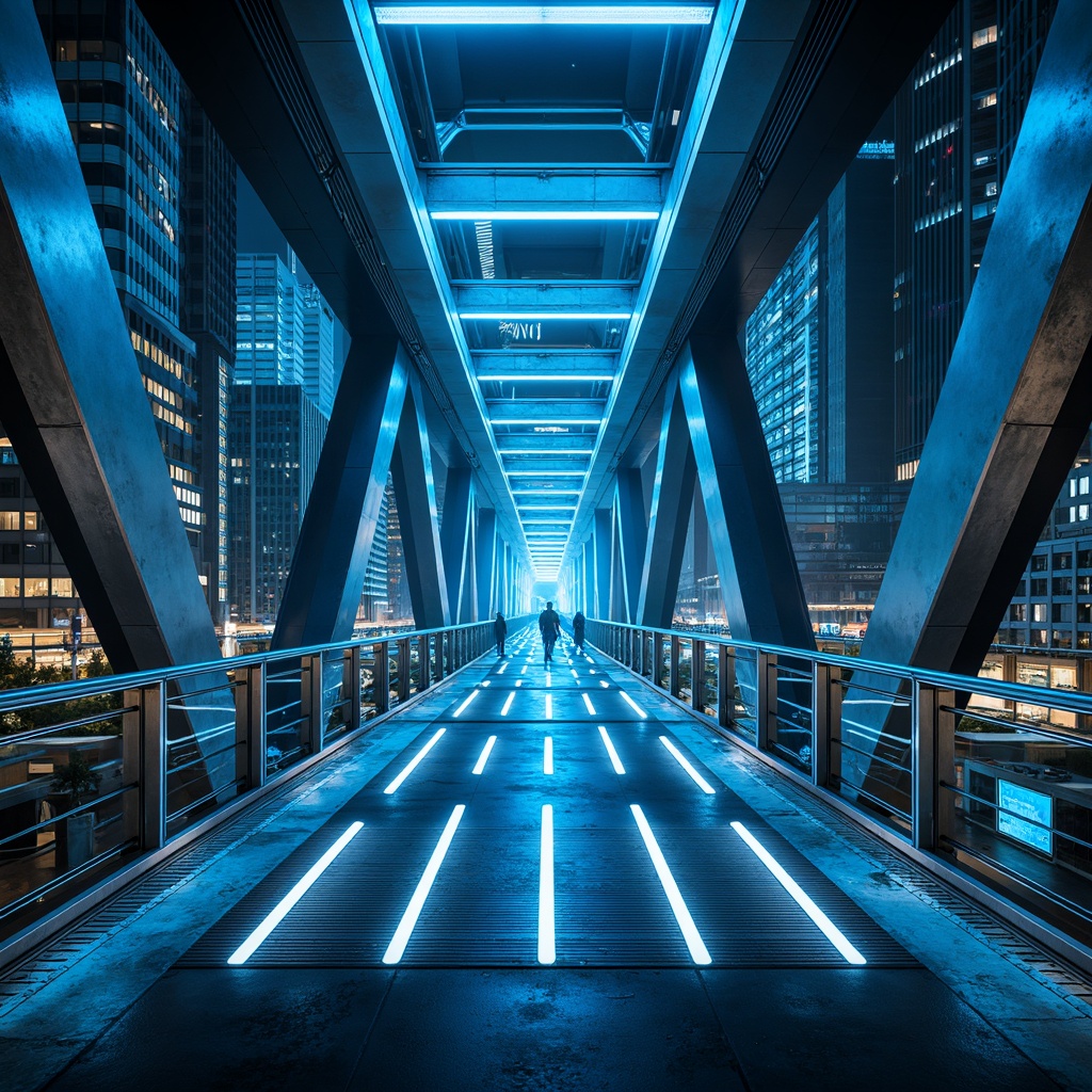 Prompt: Futuristic bridge, neon-lit cityscape, sleek metallic surfaces, iridescent glass panels, vibrant LED lights, bold geometric shapes, high-contrast color scheme, electric blue hues, bright silver accents, dark grey undertones, glowing white highlights, atmospheric mist effects, dramatic low-angle view, 1/2 composition, cinematic lighting, realistic reflections, intricate structural details.