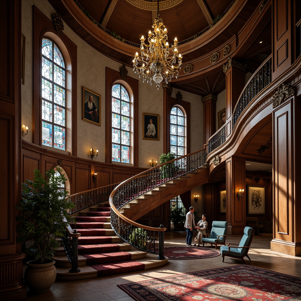 Prompt: Elegant curved lines, organic forms, flowing tendrils, ornate ironwork, grand staircases, sweeping arches, stained glass windows, rich wood paneling, intricate carvings, luxurious textiles, velvet drapes, golden accents, soft warm lighting, shallow depth of field, 1/2 composition, intimate atmosphere, realistic textures, ambient occlusion.