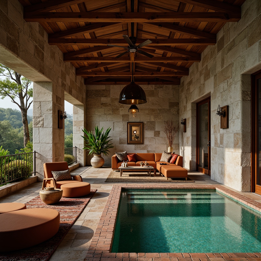 Prompt: Luxurious villa, juxtaposing rough stone walls, smooth marble floors, metallic accents, warm wood tones, soft velvet furnishings, sleek glass surfaces, rustic brick textures, vibrant turquoise mosaics, natural fiber rugs, polished chrome fixtures, ambient candlelight, dramatic shadows, 1/1 composition, shallow depth of field, cinematic atmosphere.